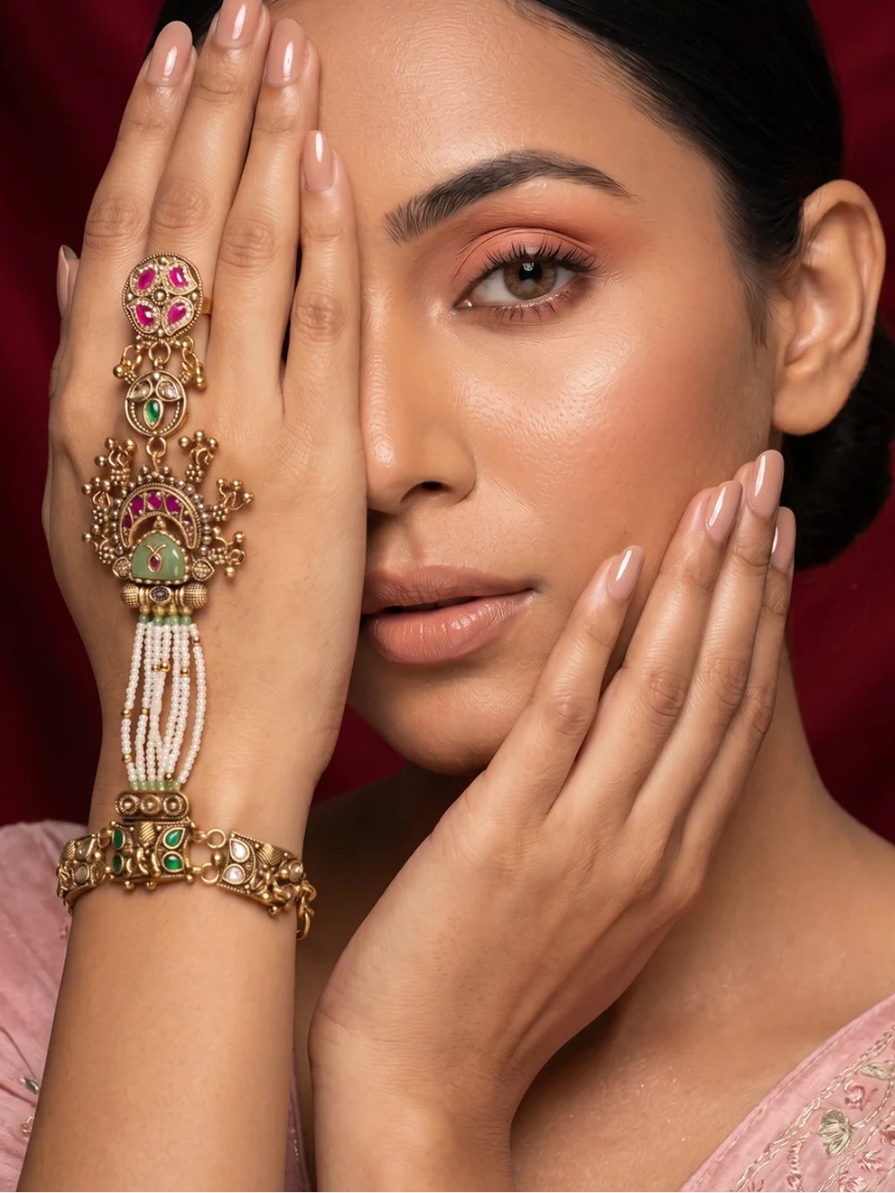 Gold-Tone Hand Harness with Pink and Green Stones